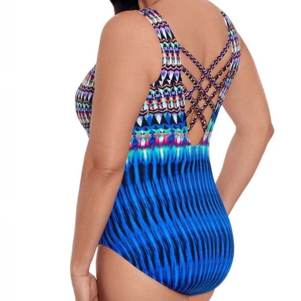 SWIM SOLUTIONS Women's Printed One-Piece Swimsuit Colorful Long Torso Size 8 NWT - Picture 4 of 4